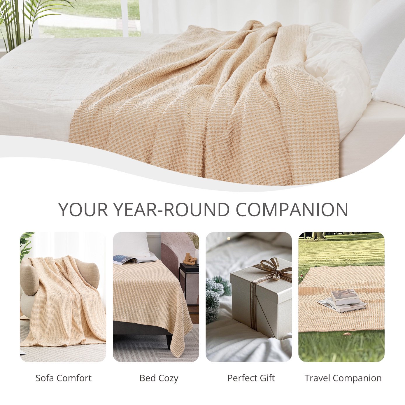 EGOHOME Waffle Blanket-100% Cotton Lightweight Oversize Yarn Dyed Bed Blanket for All Seasons, Beige Queen