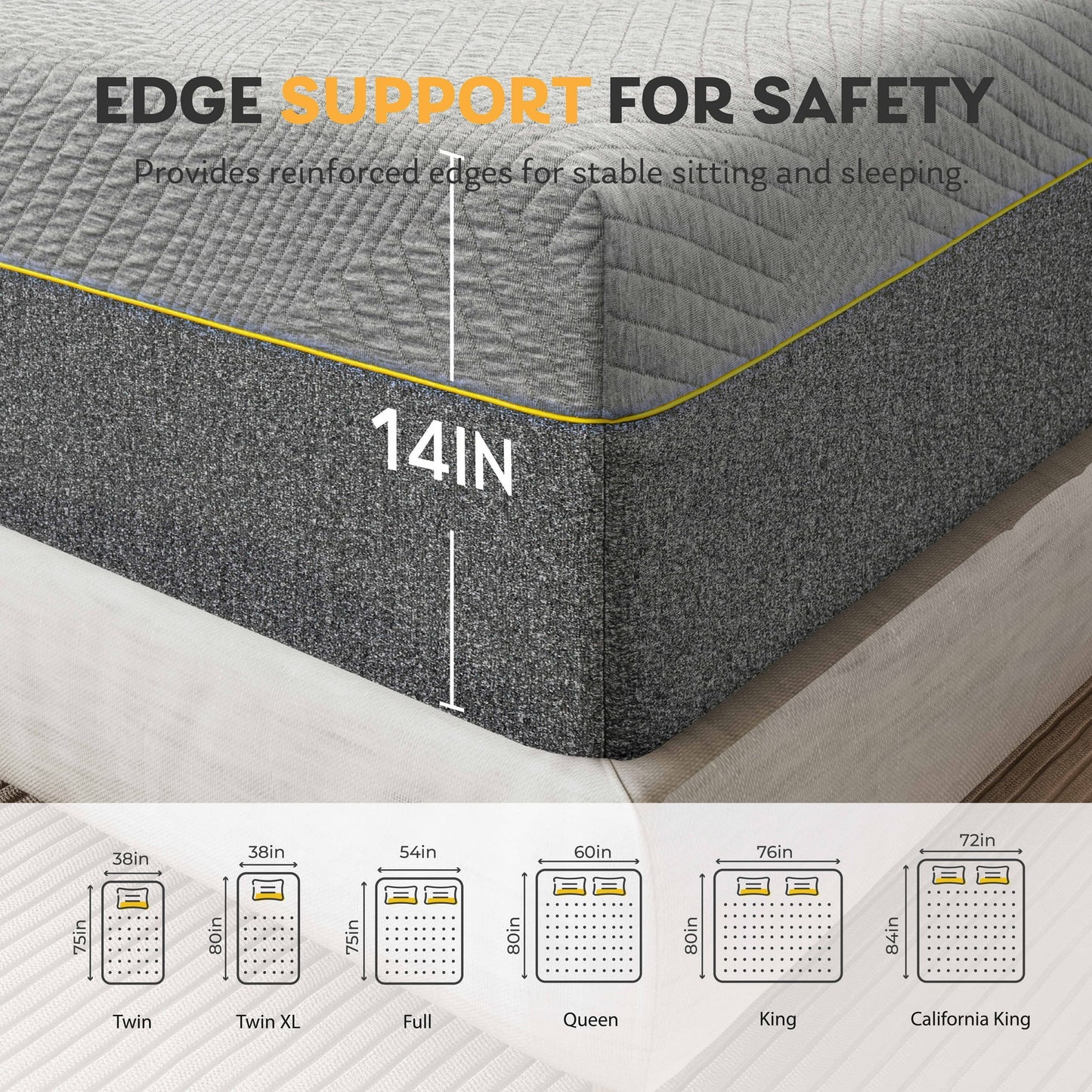 MLILY Ego Gray 14 inch Cal King Size Mattress, Gel Memory Foam Mattress in a Box