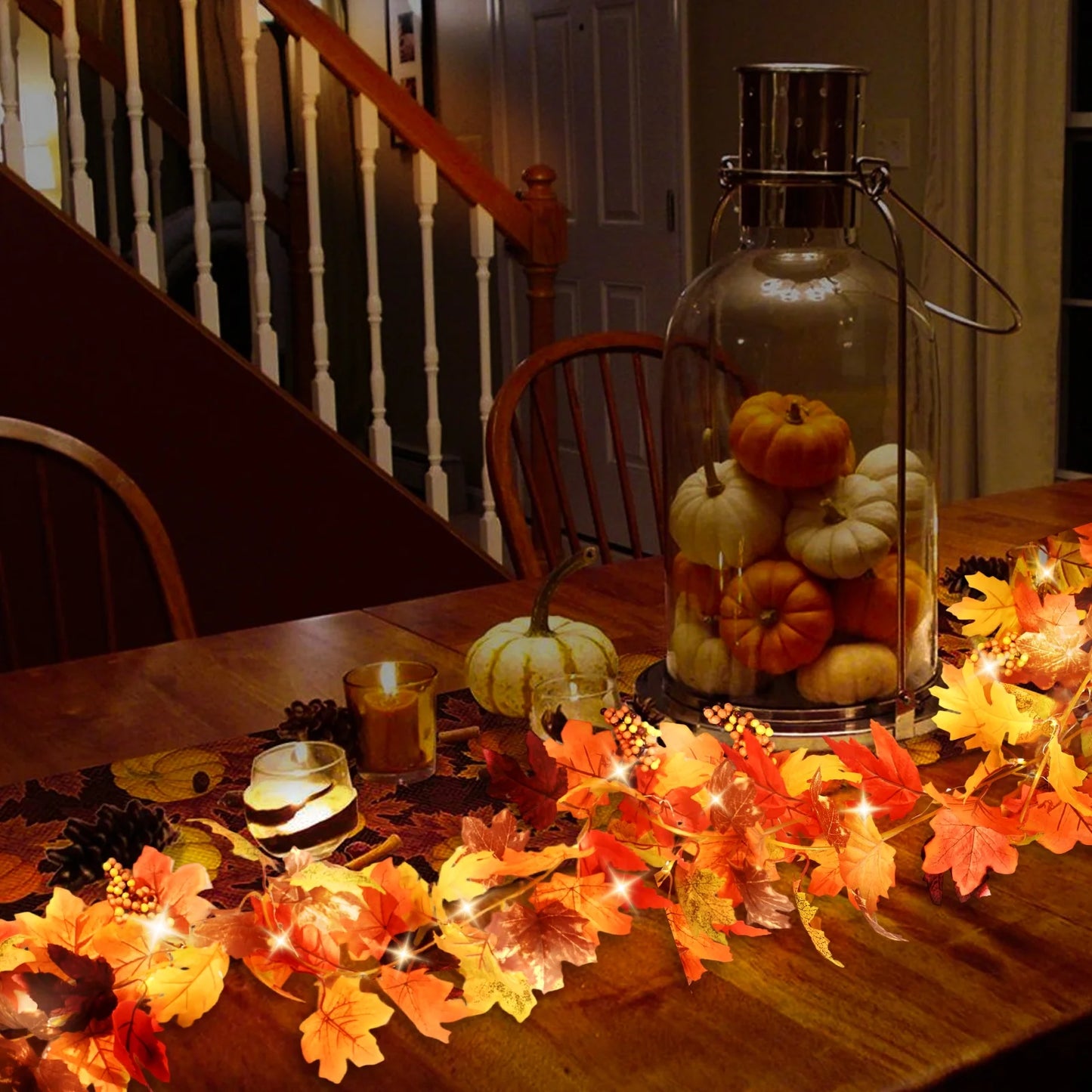 simeccom 2 Pack Fall Garland Maple Leaf with LED String Light, 5.9Ft Hanging Vine Garland Artificial Autumn Maple Foliage Garland Thanksgiving Decor for Home Fireplace Party