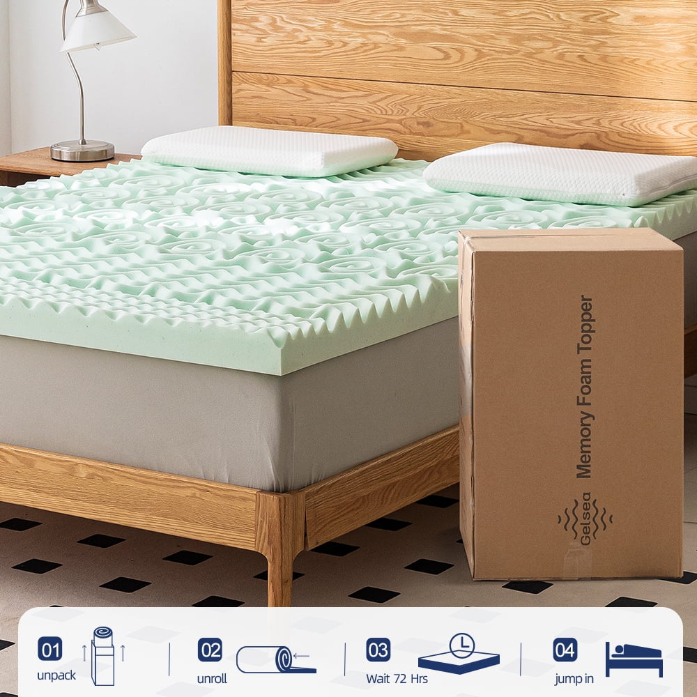 Gelsea 3 Inch Memory Foam Mattress Topper QUEEN,5-Zone Green Tea Infused Mattress Pad for Back Pain,Ventilated Soft Bed Topper,Odor Absorption,80*60*3