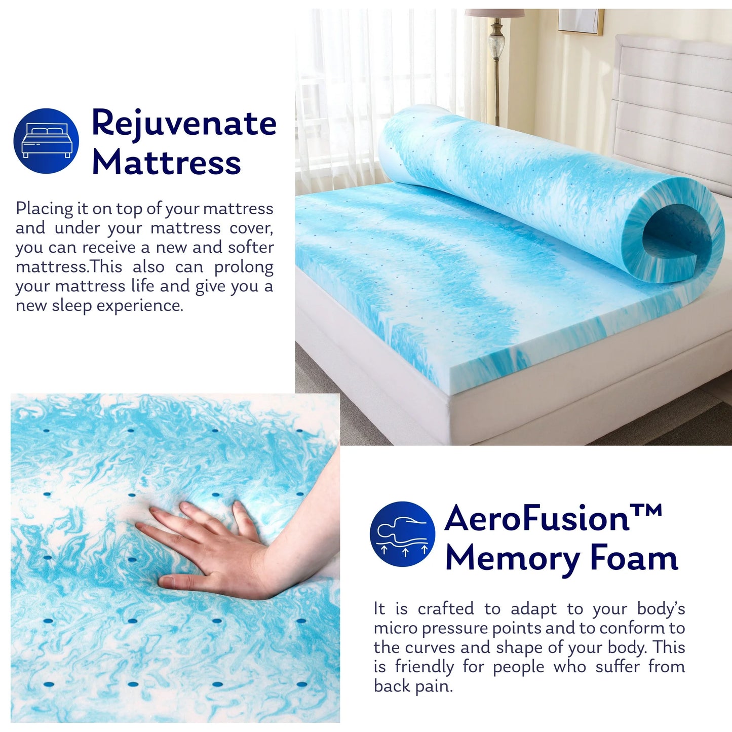 Arctus Mattress Toppers 4 Inch Gel Memory Foam Topper, Blue