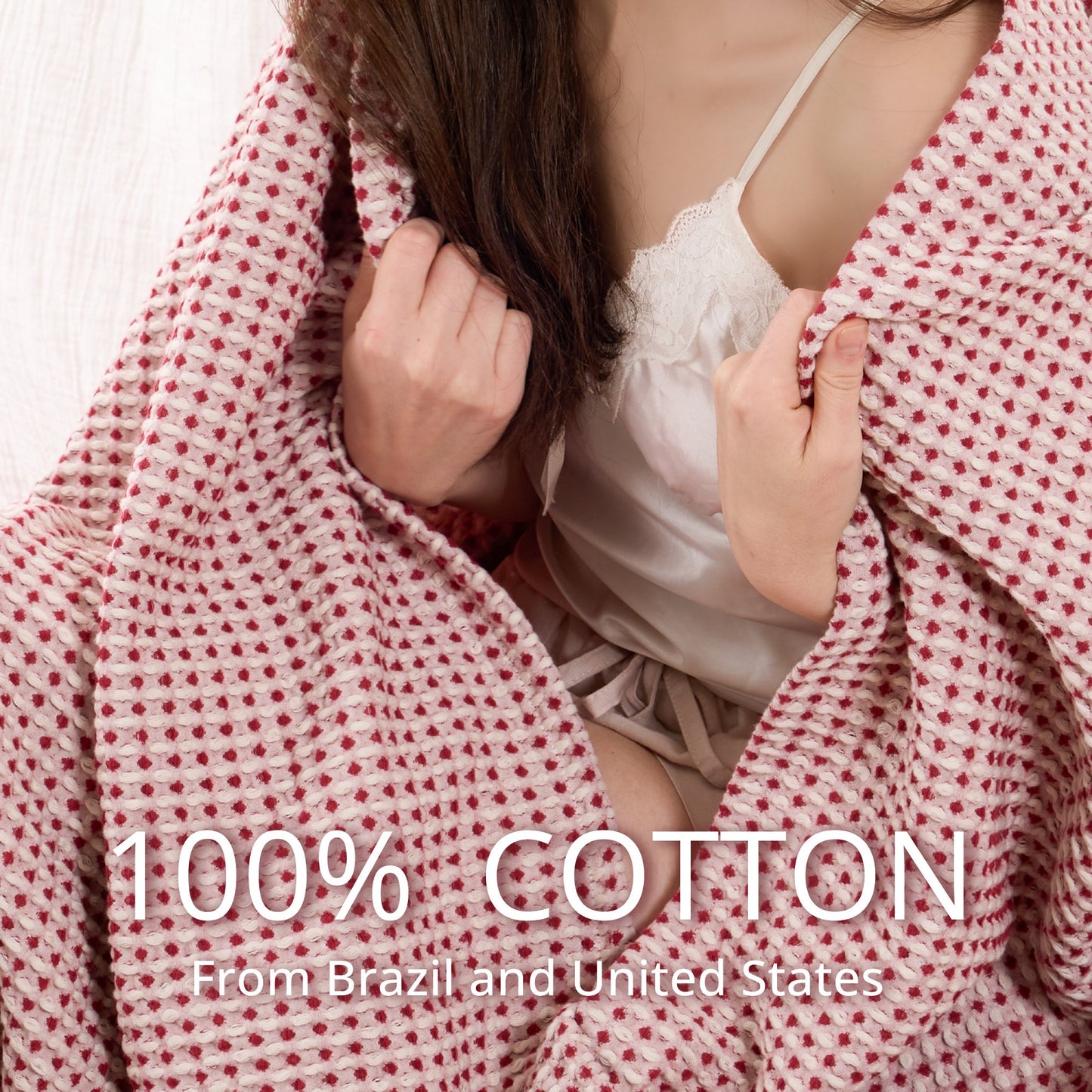 EGOHOME Waffle Blanket-100% Cotton Lightweight Oversize Yarn Dyed Bed Blanket for All Seasons, Tibetan Red Throw