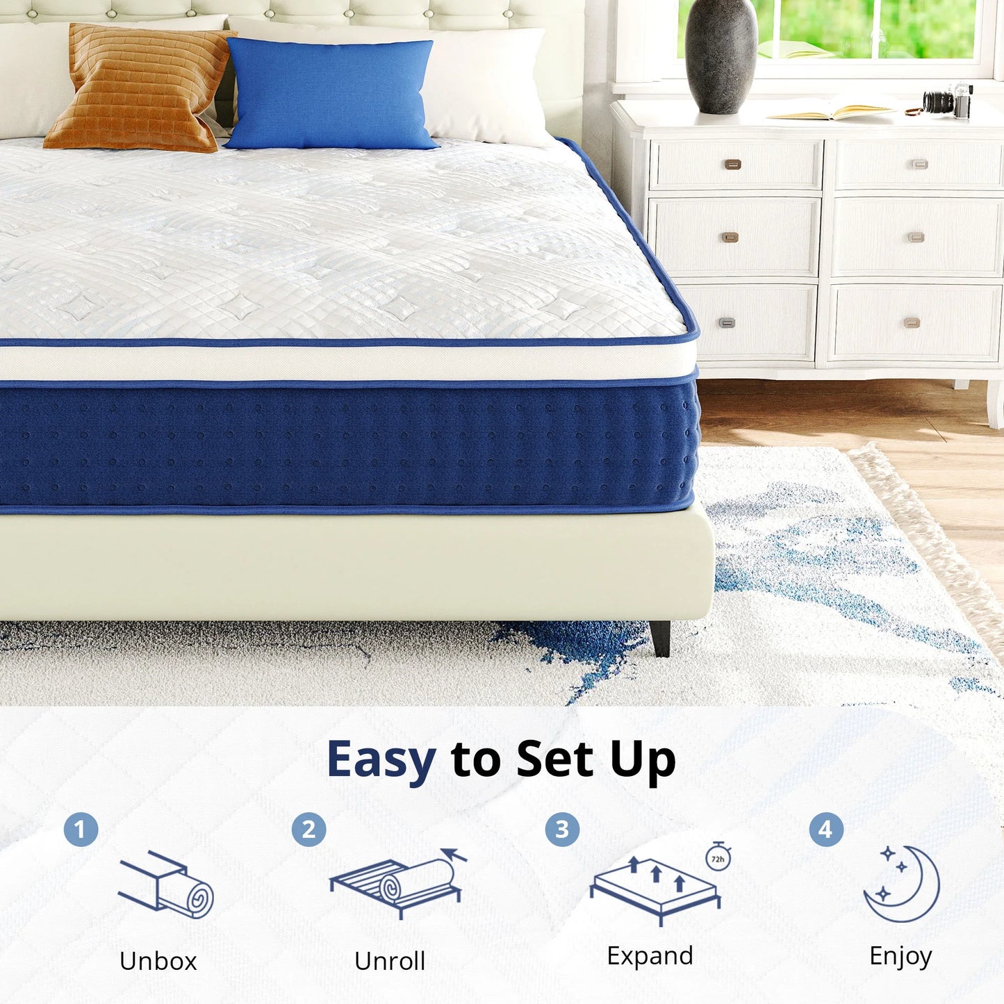 EGOHOME 10 inch Queen Hybrid Mattress, Pocketed Springs, Medium, Pressure Relief, Reinforced Edge, Mattress in a Box