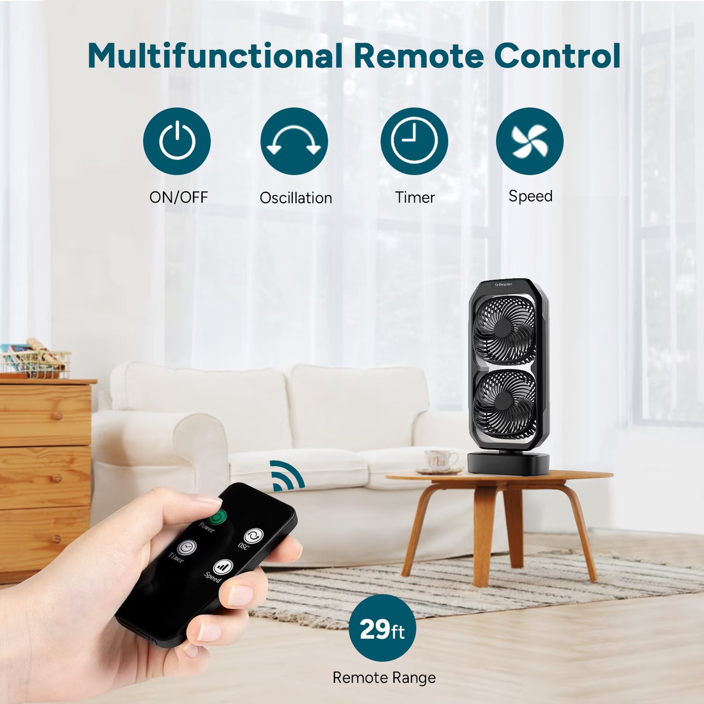 DR.PREPARE Small Oscillating Tower Fan with Remote, Rechargeable Battery Powered Desk Fan for Bedroom, 250° Tilt, 8H Timer, 3 Speeds, Portable Table Bedside Fan for Office Plants Outdoor