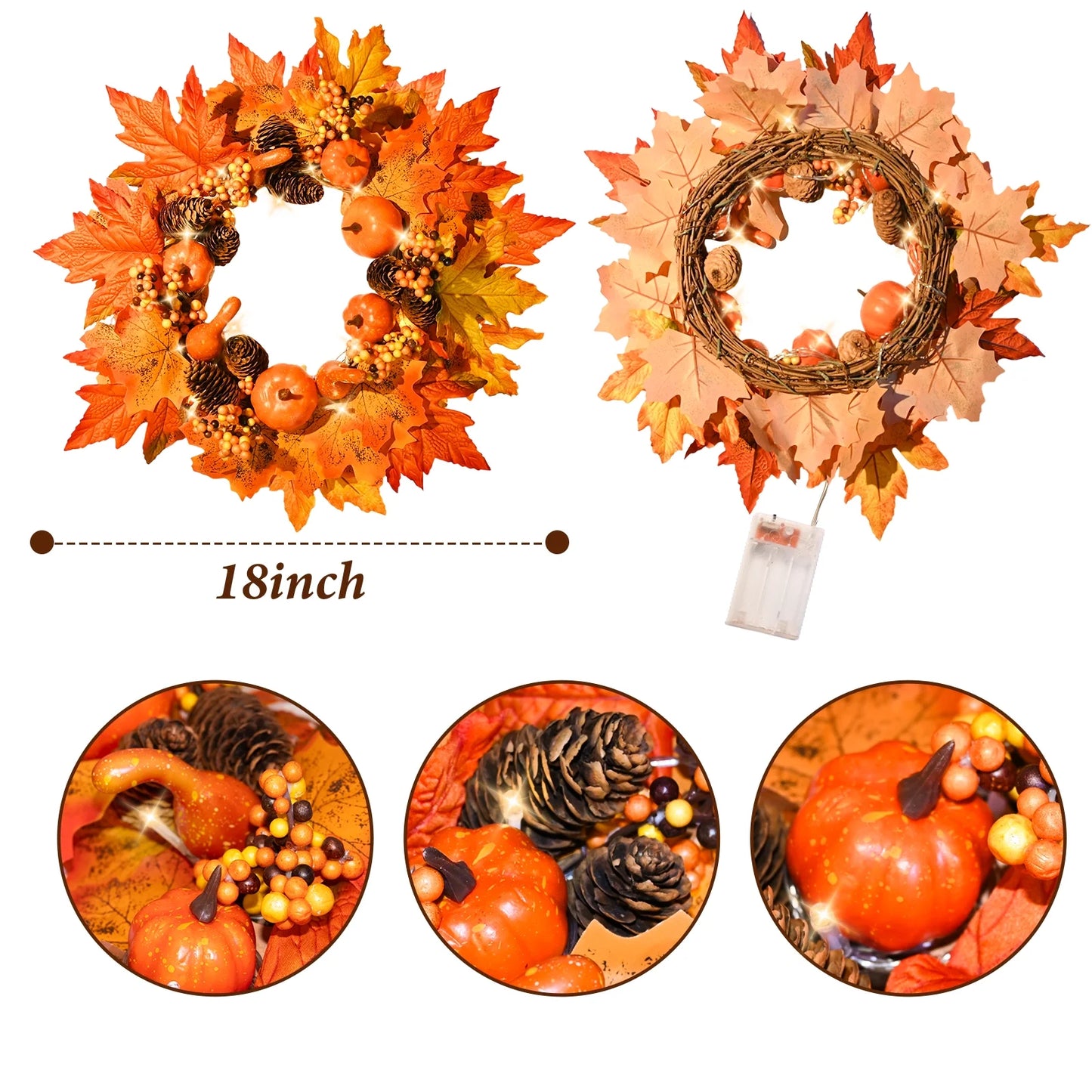 simeccom Fall Decorations Fall Wreath, 18 Inch Fall Wreaths for Front Door, Autumn Wreath with Pumpkins Pinecones for Home Wall Fall Decor