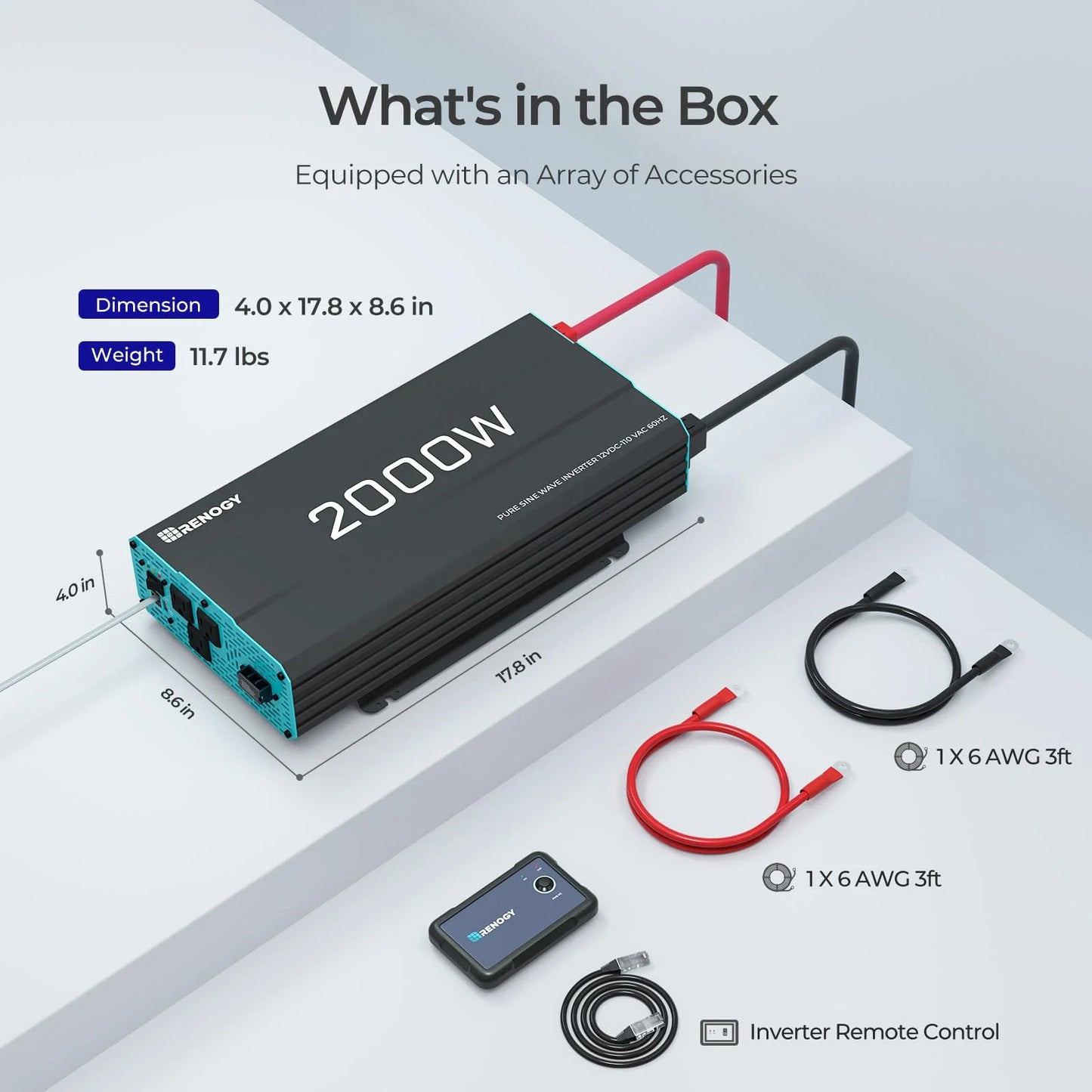 Renogy 2000W Pure Sine Wave Inverter, DC 12V to AC 120V, Built-in 5V/2.1A USB / Hardwire Port, 16.4FT Remote Controller