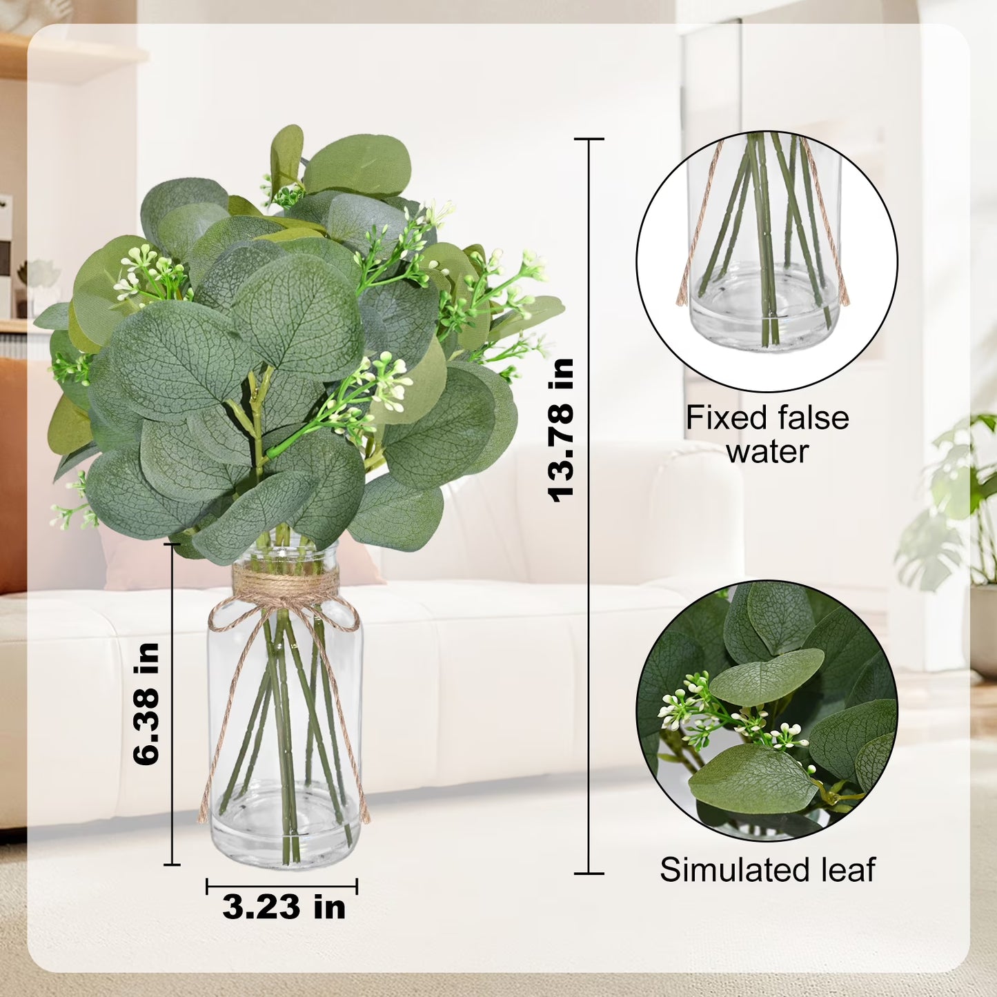 simeccom 15.75" Artificial Eucalyptus Stems in Glass Vase with Faux Water - Fake Plant for Farmhouse Table Centerpiece Spring Home Decor