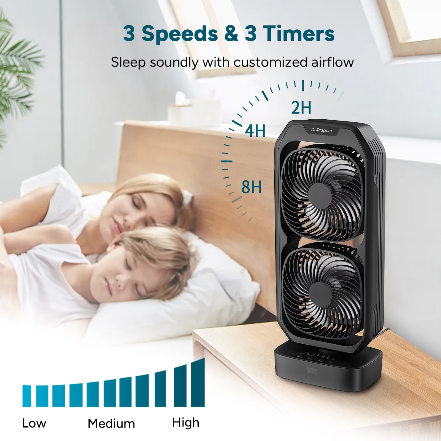 DR.PREPARE Small Oscillating Tower Fan with Remote, Rechargeable Battery Powered Desk Fan for Bedroom, 250° Tilt, 8H Timer, 3 Speeds, Portable Table Bedside Fan for Office Plants Outdoor
