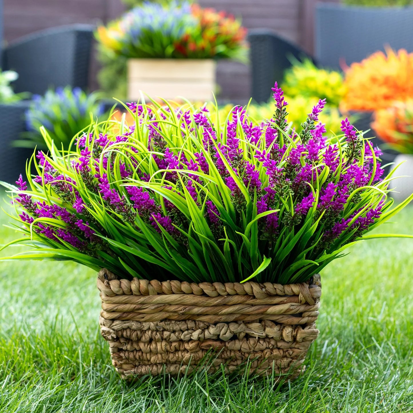 simeccom 12 Bundles Fake Lavender Flowers UV Resistant Plastic Plants Faux Purple Grass，Rose Red