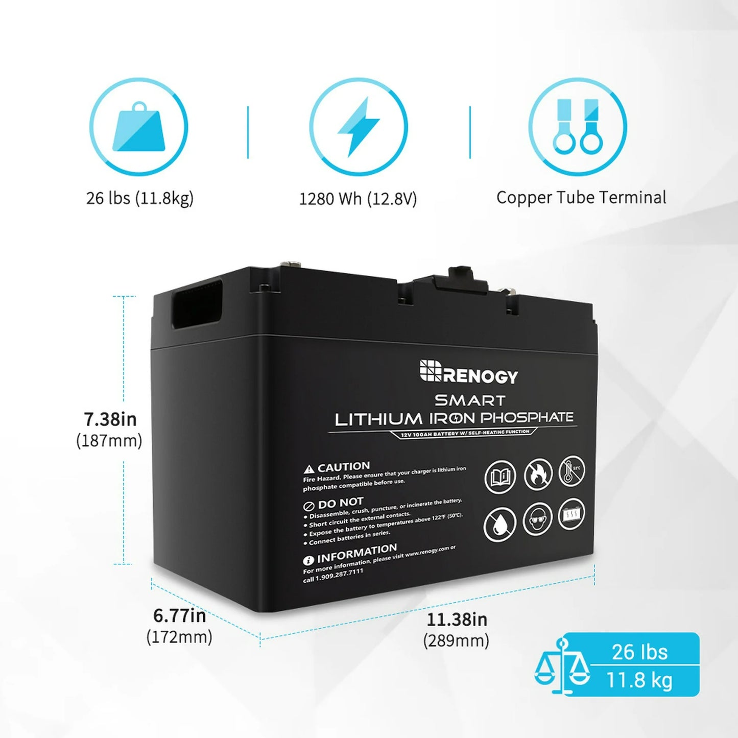 Renogy Smart Lithium-Iron Phosphate Battery 12V 100Ah w/Self-Heating Function for RV, Solar, Marine, and Off-grid Applications