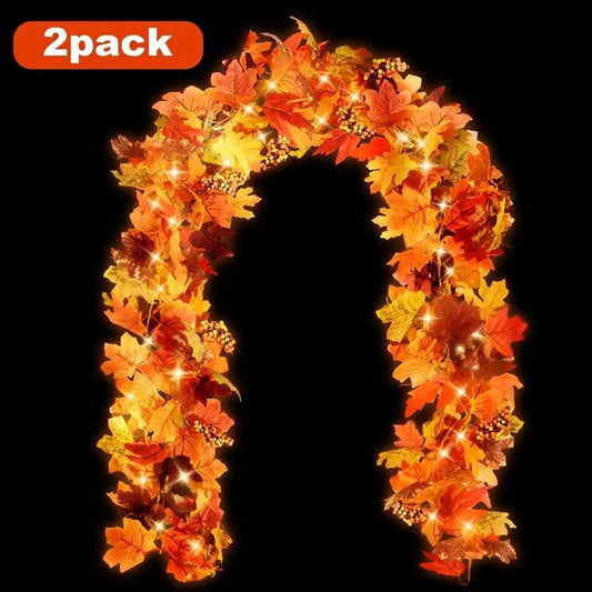 simeccom 2 Pack Fall Garland Maple Leaf with LED String Light, 5.9Ft Hanging Vine Garland Artificial Autumn Maple Foliage Garland Thanksgiving Decor for Home Fireplace Party