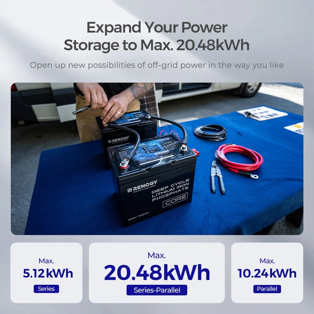 Renogy 12V 100Ah LiFePO4 Deep Cycle Battery, 5000+Deep Cycles, 100A BMS with Low-Temp Cutoff for RV/Solar/Off-Grid