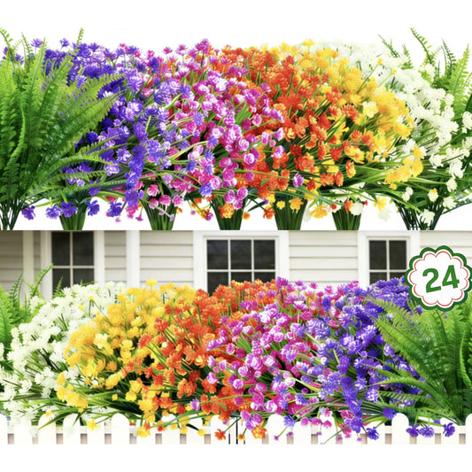 simeccom 24 Pacs Artificial Flowers for Outdoors UV Resistant Fake Plastic Plants Faux Boston Fern Greenery Stems for Spring Summer Indoor Garden Home Decor，Multicolor