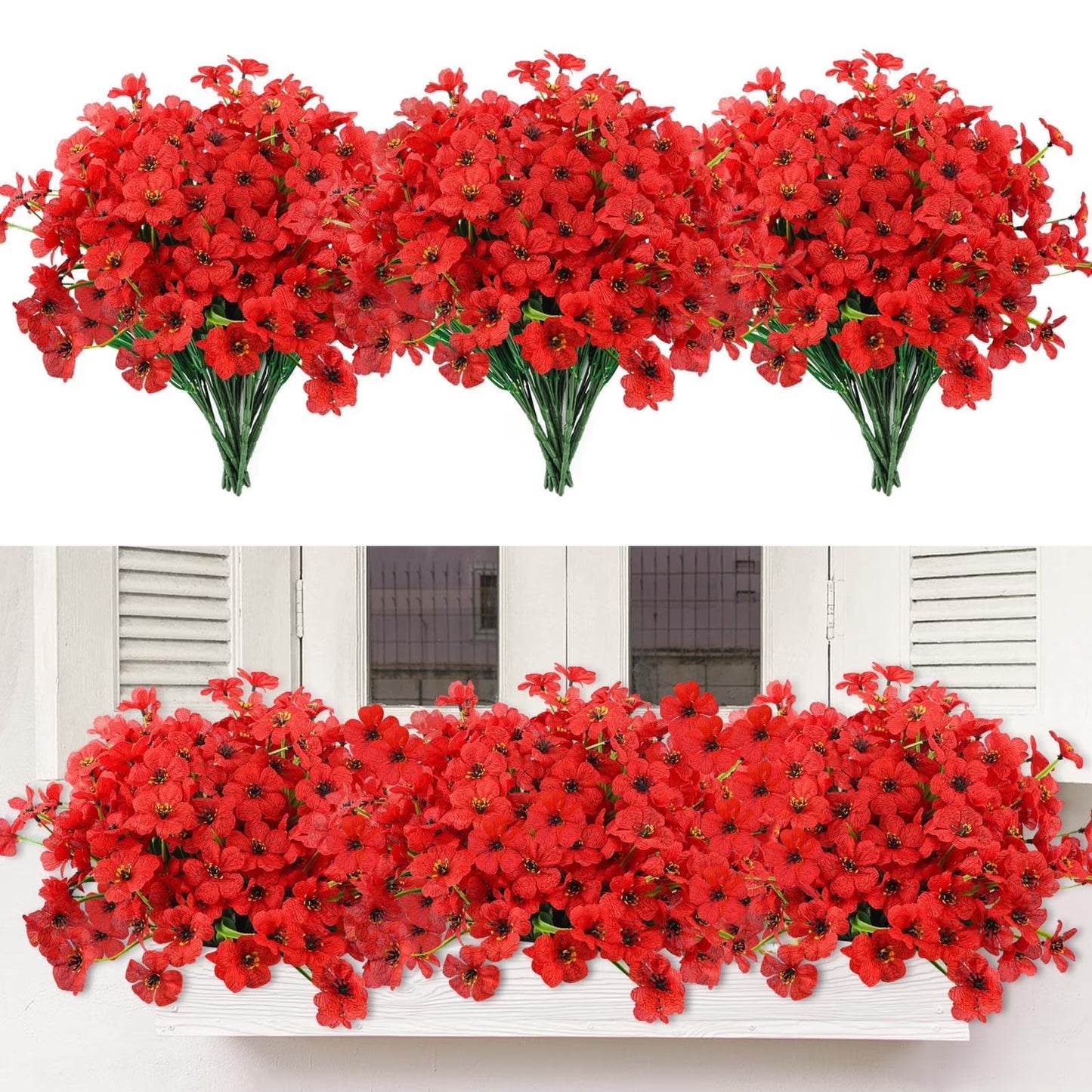 simeccom 24 Bundles Artificial Flowers Outdoor，Faux UV Resistant Fake Flowers Fake Plastic Plants Flower for Spring Summer Decoration for Outside Home Patio Garden Decor，Red
