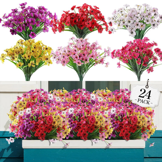 simeccom 24 Bundles Artificial Flowers Outdoor，Faux UV Resistant Fake Flowers Fake Plastic Plants Flower for Spring Summer Decoration for Outside Home Patio Garden Decor，Multicolor