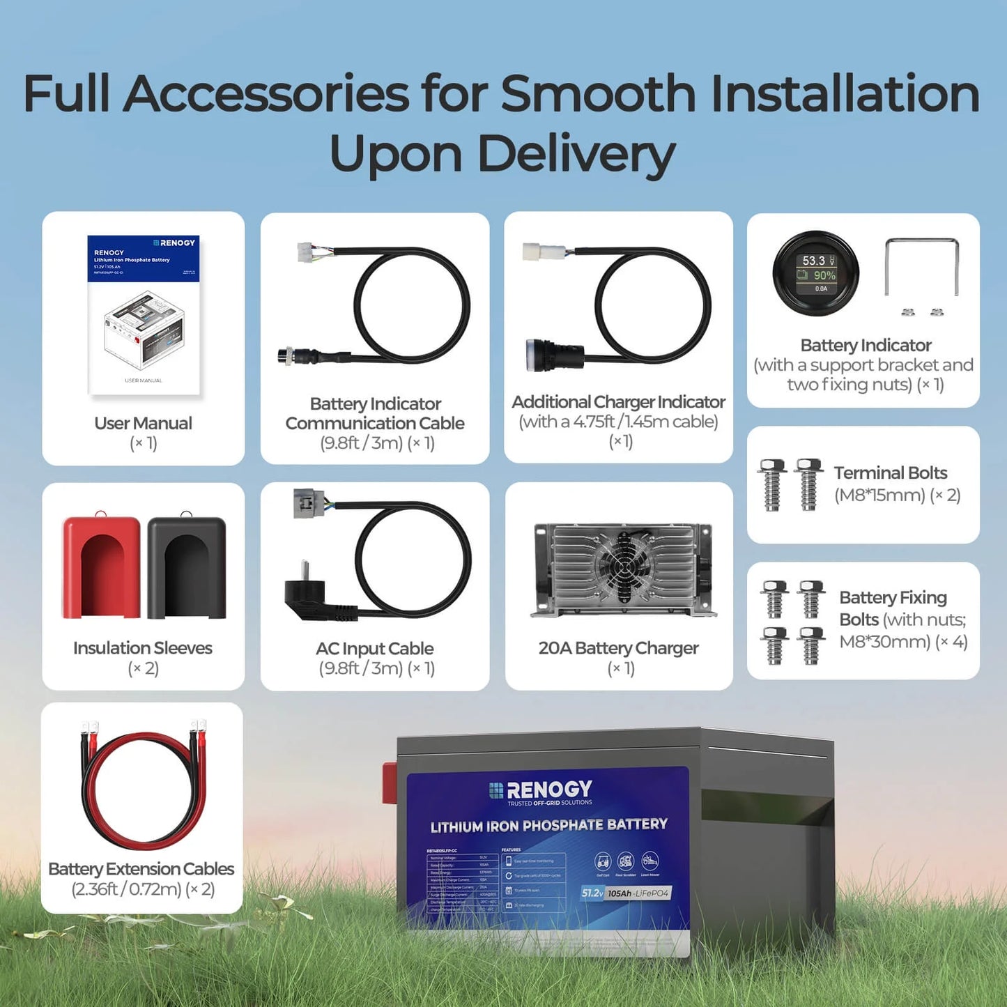 48V 105Ah Golf Cart Lithium Iron Phosphate Battery, Built-in Smart 220A BMS, with Monitor & APP, 4000+ Cycles LiFePO4 Battery, Max 10.7kW Power Output, 2C Discharge, Perfect for Golf Carts