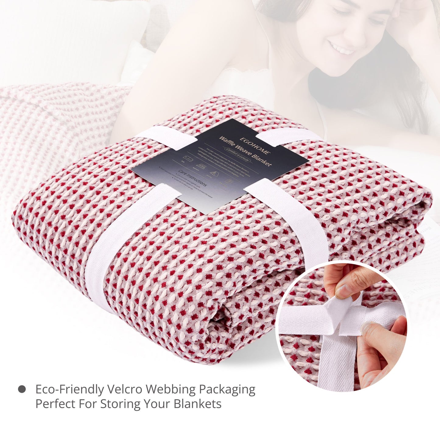 EGOHOME Waffle Blanket-100% Cotton Lightweight Oversize Yarn Dyed Bed Blanket for All Seasons, Tibetan Red Throw