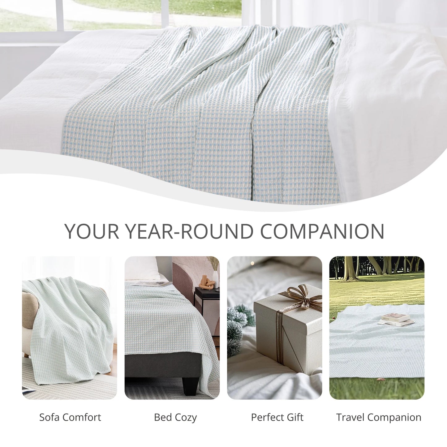 EGOHOME Waffle Blanket-100% Cotton Lightweight Oversize Yarn Dyed Bed Blanket for All Seasons, Angel Falls Throw