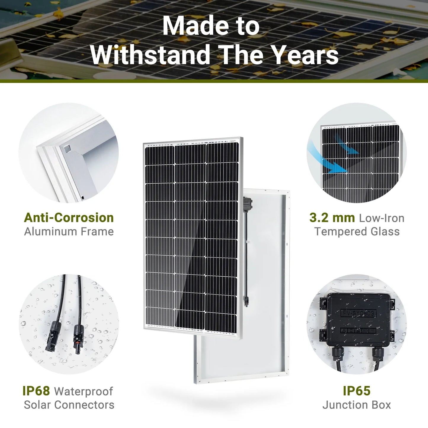 HQST 100W 12 Volt Solar Panel, IP68 Waterproof, 25% High-Efficiency, Pre-drilled Holes Design, Ideal for RV, Marine, Off-Grid System