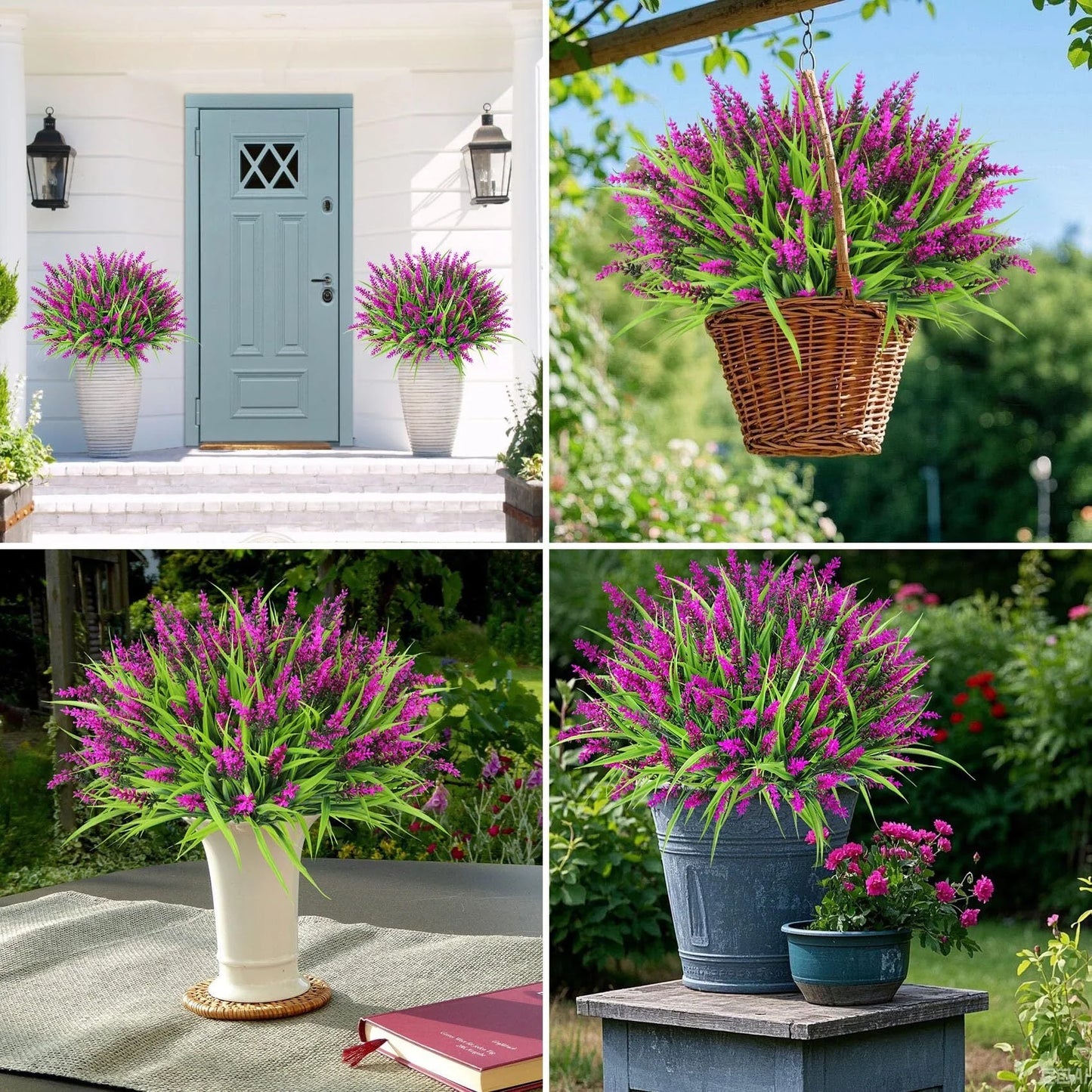simeccom 12 Bundles Fake Lavender Flowers UV Resistant Plastic Plants Faux Purple Grass，Rose Red