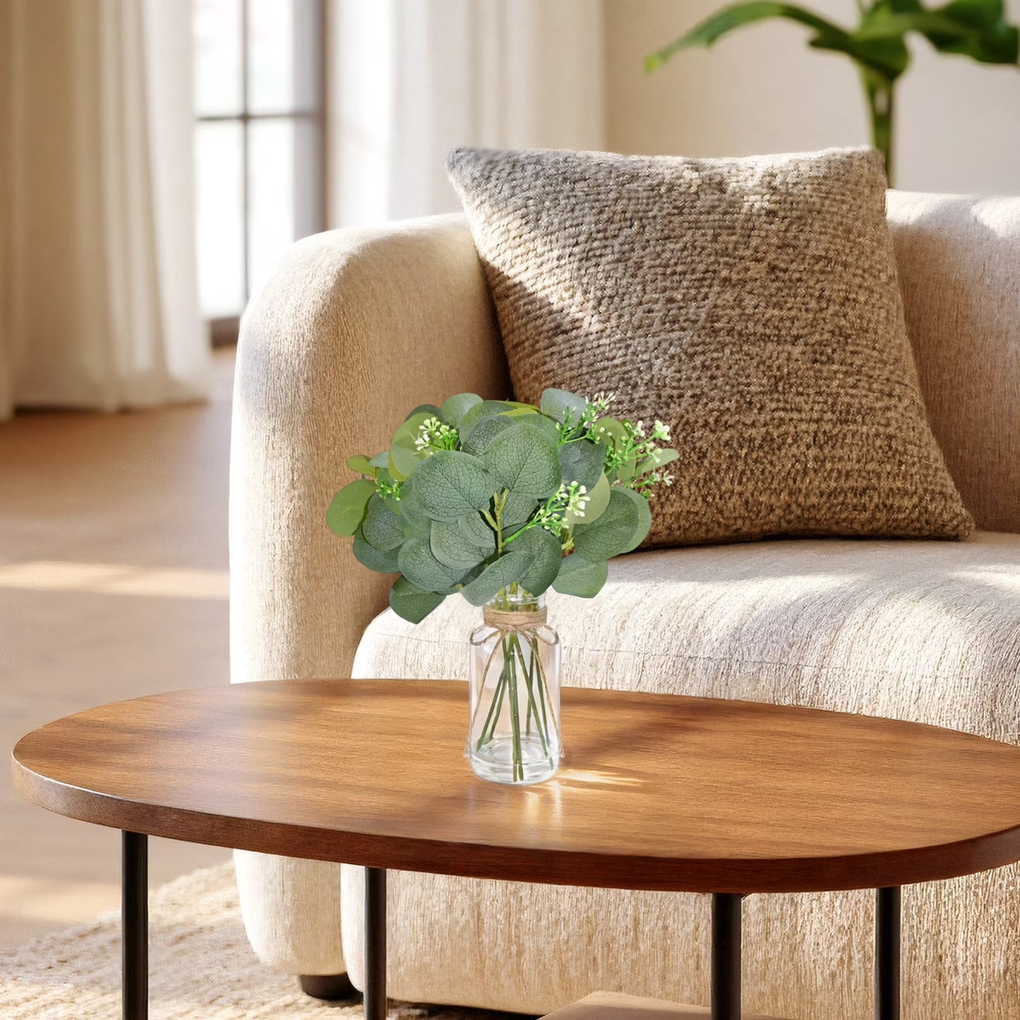 simeccom 15.75" Artificial Eucalyptus Stems in Glass Vase with Faux Water - Fake Plant for Farmhouse Table Centerpiece Spring Home Decor