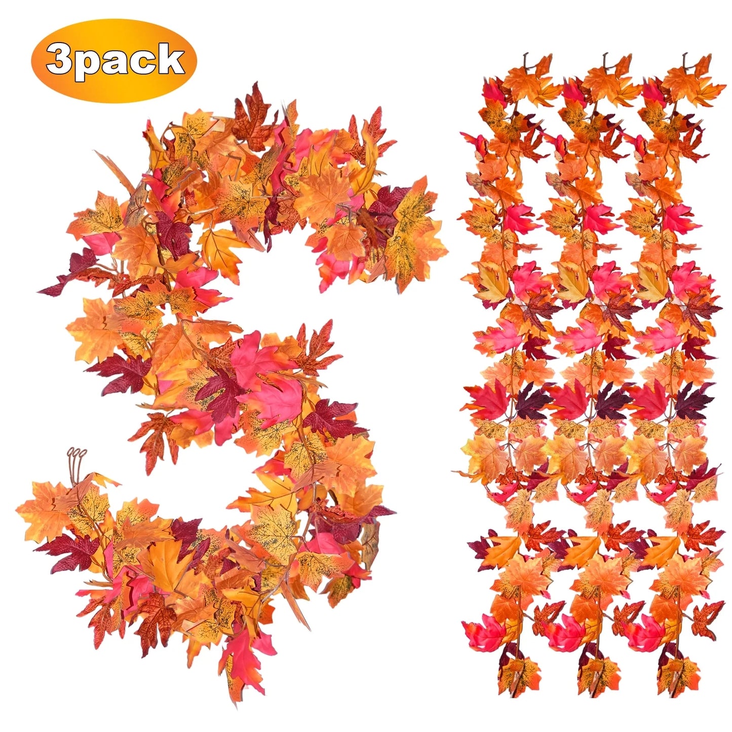 simeccom 3PCS Fall Maple Leaves Garland, Party 5.6Ft Artificial Maple Leaf Autumn Garland Hanging Vines Table Front Door Thanksgiving Decorations
