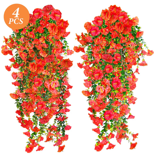 simeccom 4 Pcs Artificial Hanging Plants Flowers Outdoor, 29.5 Inch Fake Hanging Flower Faux Hanging Morning Glory Flowers with UV Resistant Outdoor Decorations for Flower Basket, Planter, Porch, Ga