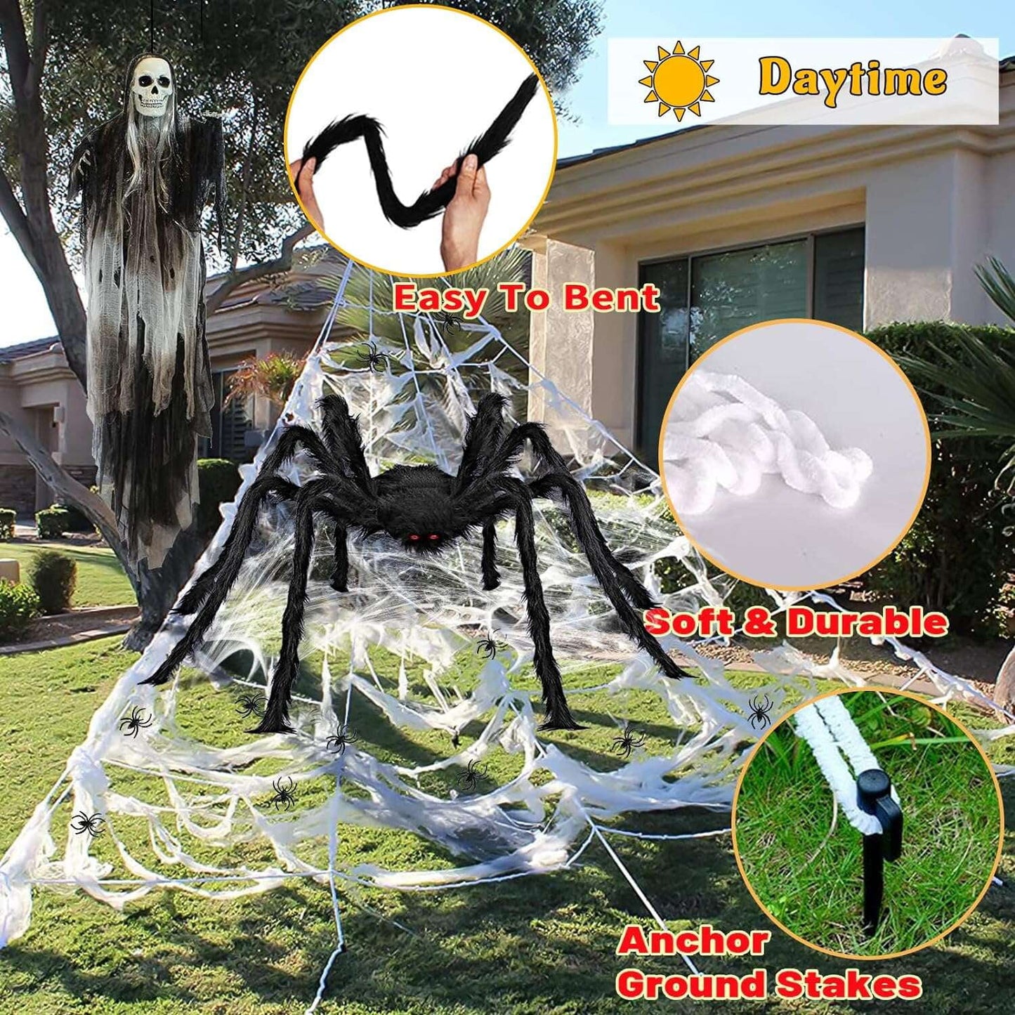 Halloween Spider Web LED Light Up Giant Spiderweb Artificial Spider Halloween Outdoor Decorations with Remote Control for Halloween Party Decor