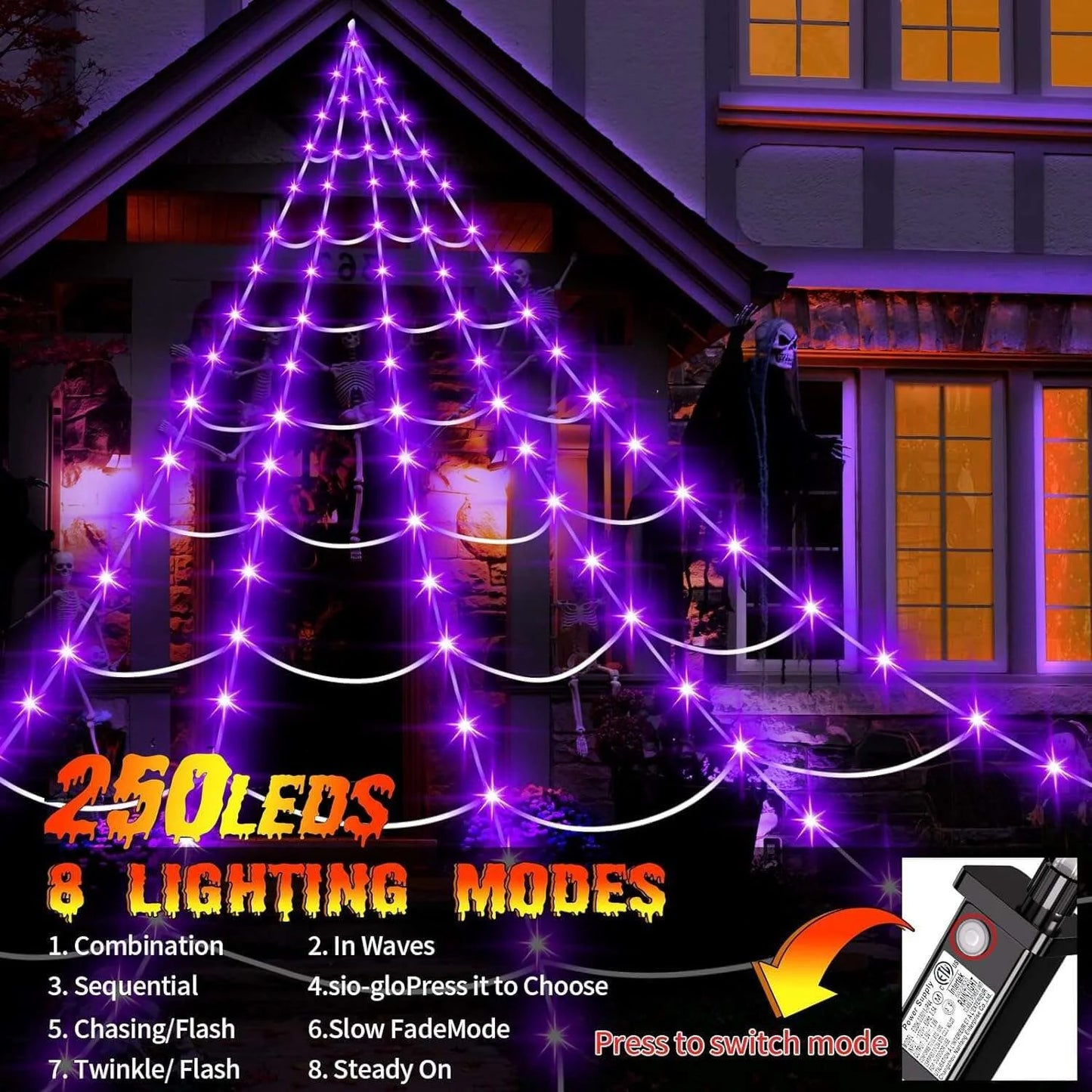 Halloween Spider Web LED Light Up Giant Spiderweb Artificial Spider Halloween Outdoor Decorations with Remote Control for Halloween Party Decor