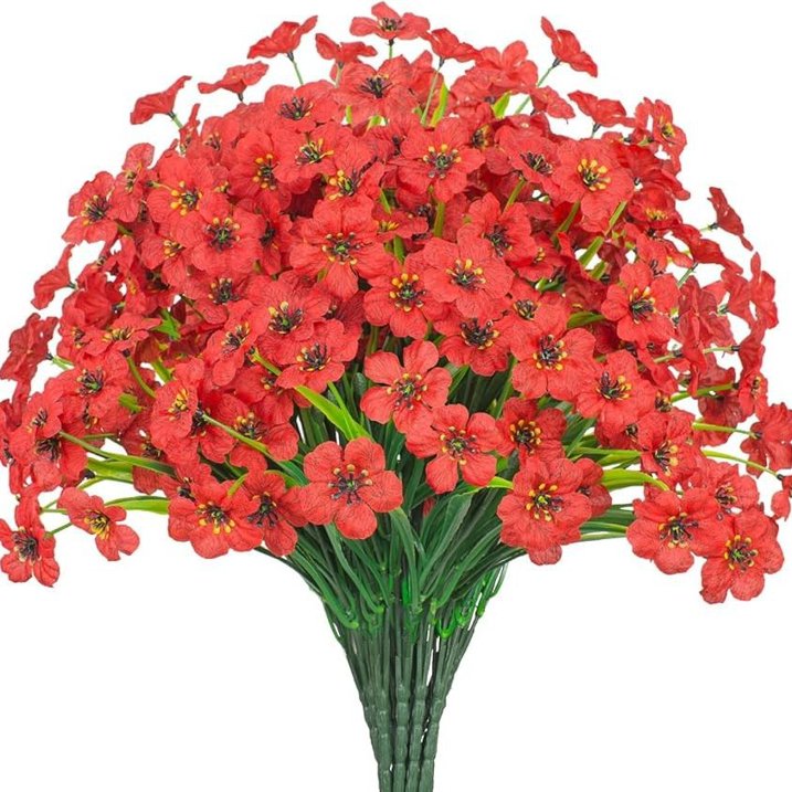 simeccom 24 Bundles Artificial Flowers Outdoor，Faux UV Resistant Fake Flowers Fake Plastic Plants Flower for Spring Summer Decoration for Outside Home Patio Garden Decor，Red