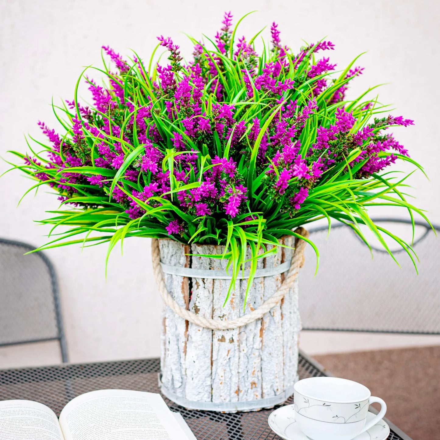 simeccom 12 Bundles Fake Lavender Flowers UV Resistant Plastic Plants Faux Purple Grass，Rose Red