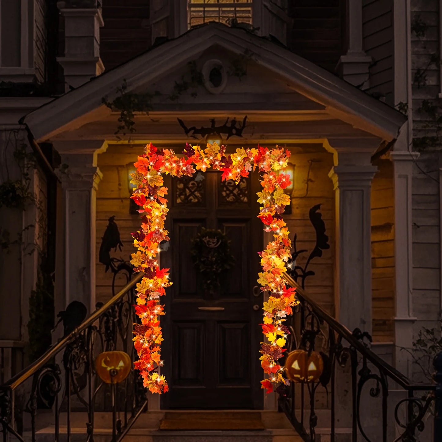 simeccom 2 Pack Fall Garland Maple Leaf with LED String Light, 5.9Ft Hanging Vine Garland Artificial Autumn Maple Foliage Garland Thanksgiving Decor for Home Fireplace Party