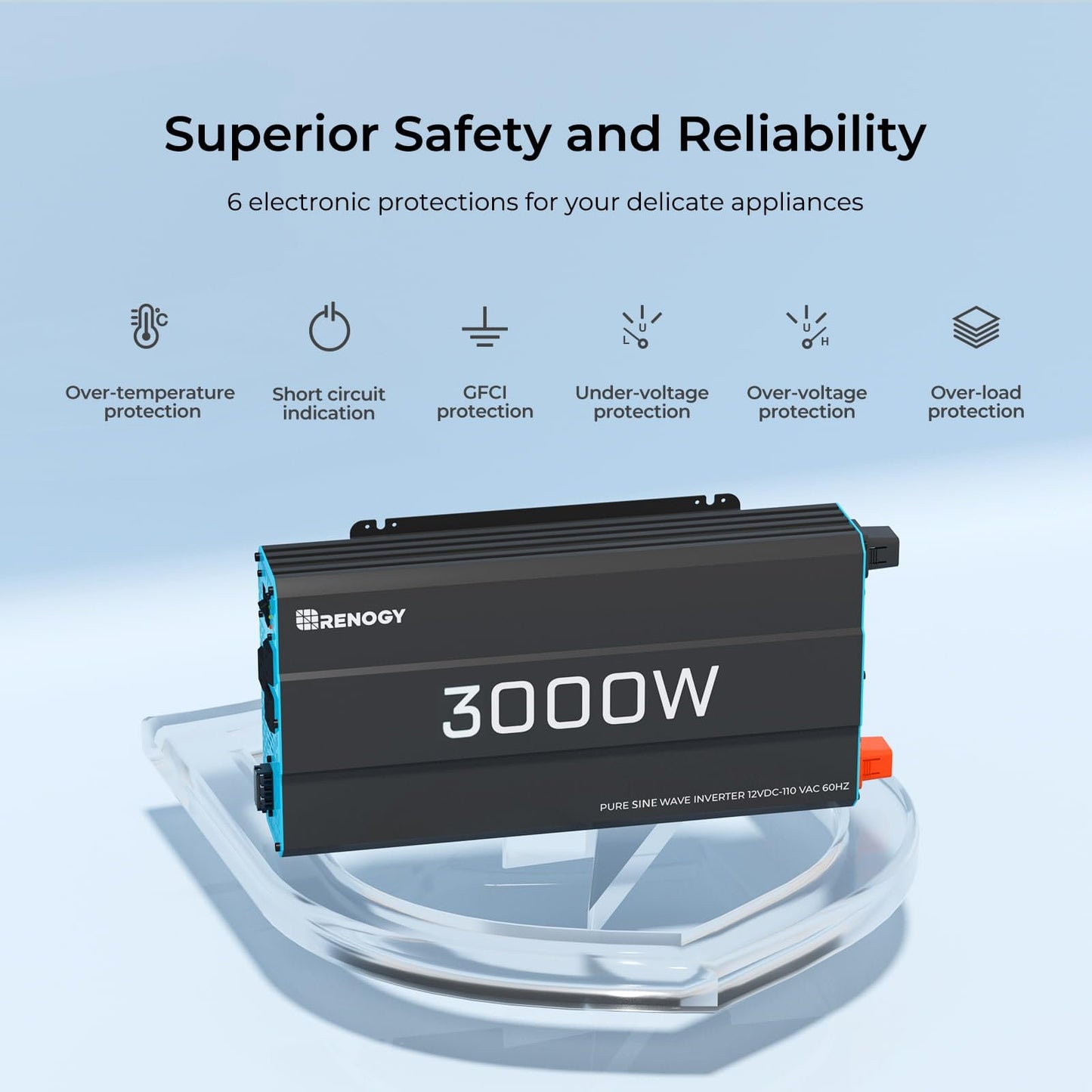 Renogy 3000W Pure Sine Wave Inverter, DC 12V to AC 120V, Built-in 5V/2.1A USB, AC Hardwire Port, 16.4FT Remote Controller