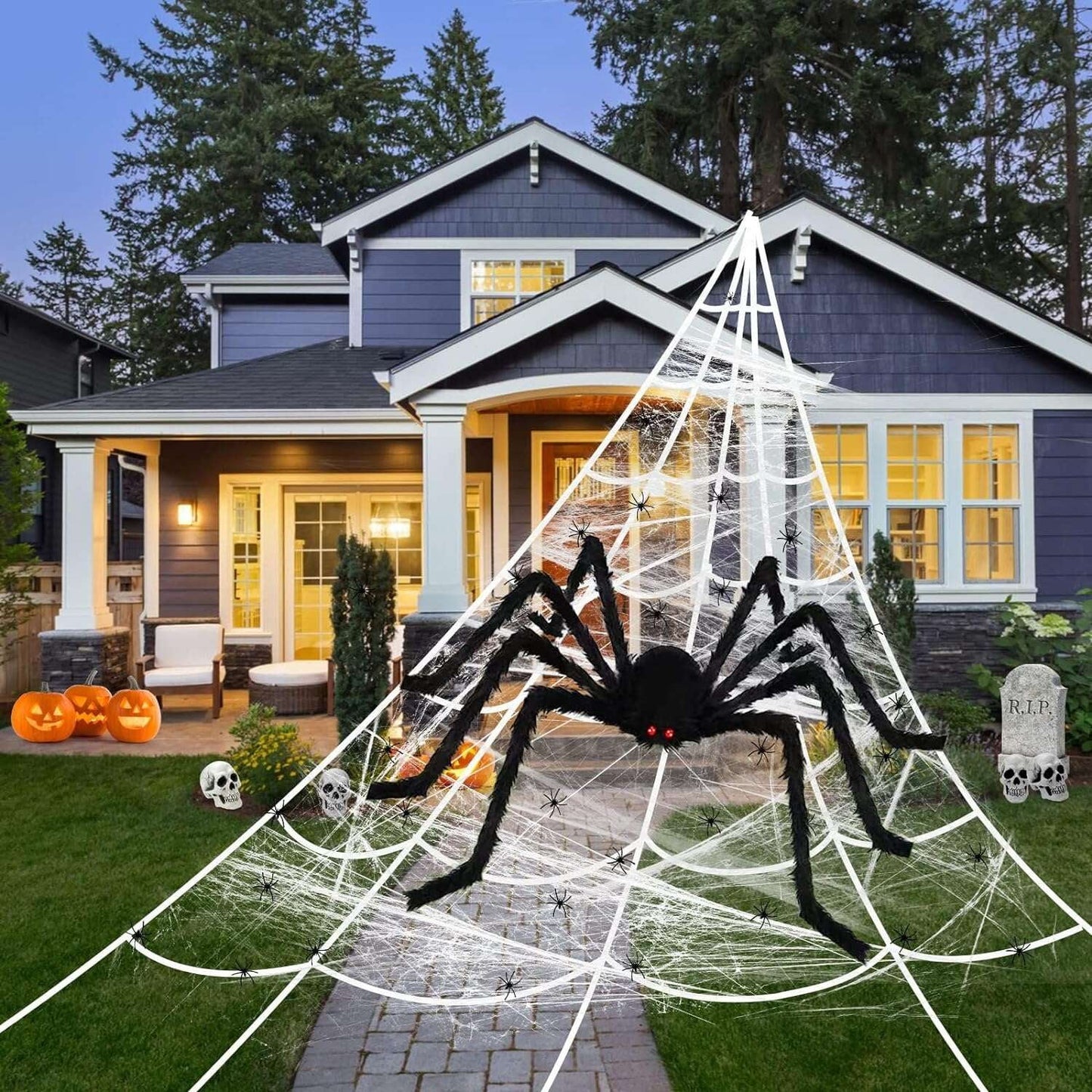Halloween Spider Web LED Light Up Giant Spiderweb Artificial Spider Halloween Outdoor Decorations with Remote Control for Halloween Party Decor
