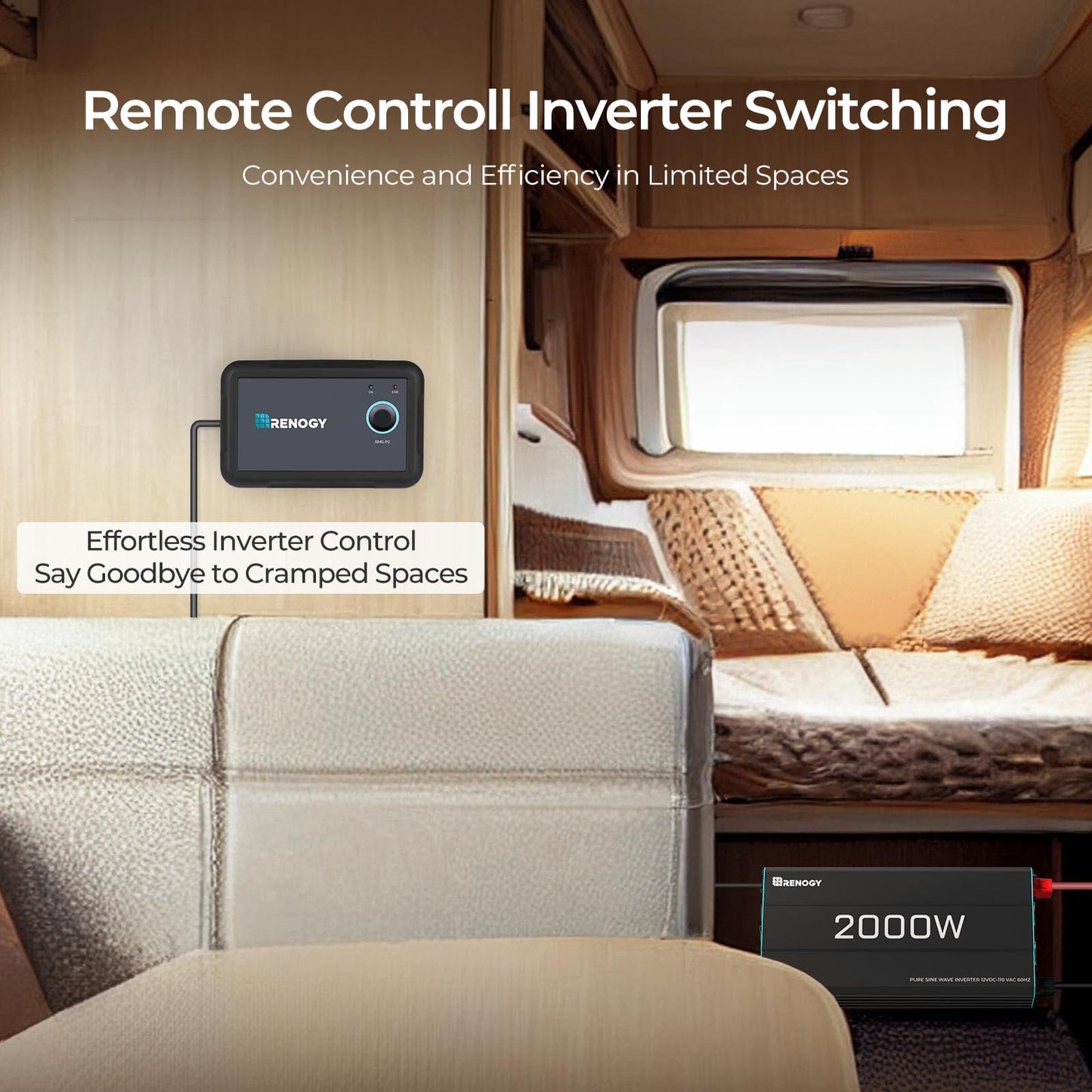 Renogy 2000W Pure Sine Wave Inverter, DC 12V to AC 120V, Built-in 5V/2.1A USB / Hardwire Port, 16.4FT Remote Controller