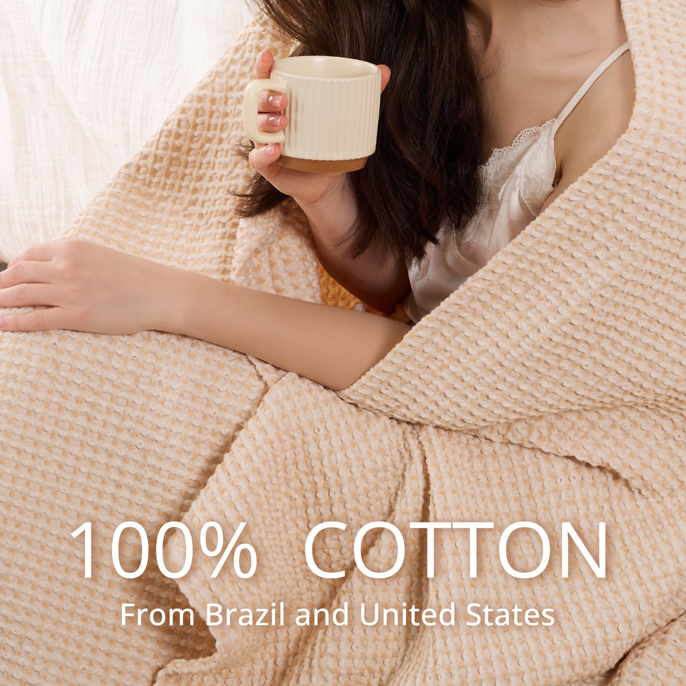 EGOHOME Waffle Blanket-100% Cotton Lightweight Oversize Yarn Dyed Bed Blanket for All Seasons, Beige Queen