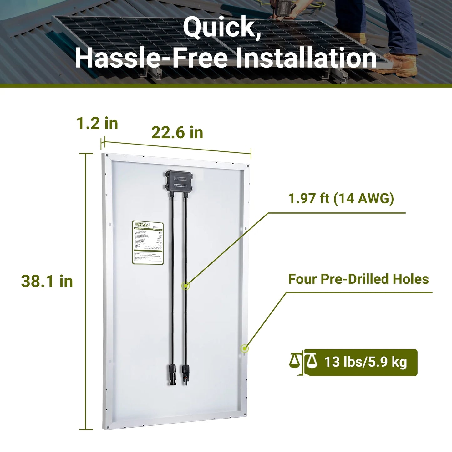 HQST 100W 12 Volt Solar Panel, IP68 Waterproof, 25% High-Efficiency, Pre-drilled Holes Design, Ideal for RV, Marine, Off-Grid System