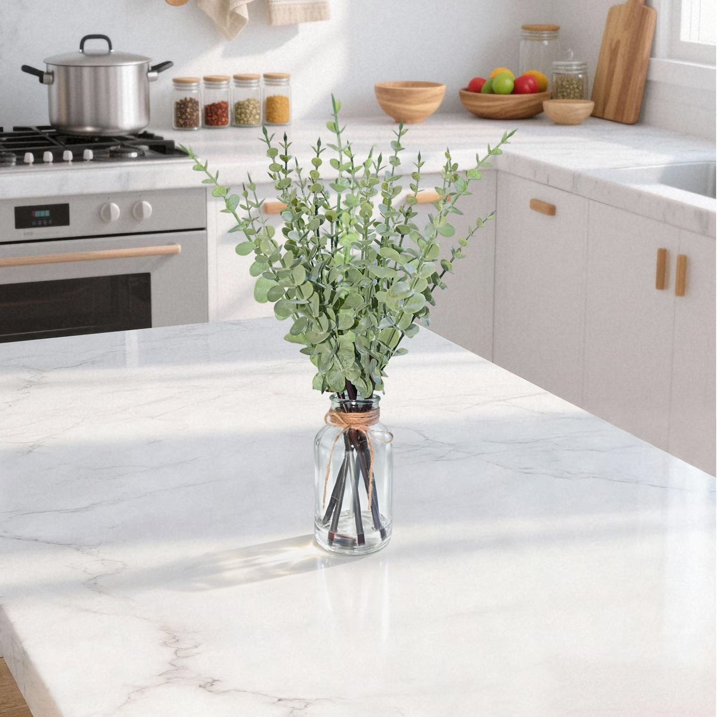 simeccom 13.78" Artificial Eucalyptus Stems in Glass Vase with Faux Water - Fake Plant for Home Decor, Coffee Table Centerpiece, Office & Bathroom Greenery