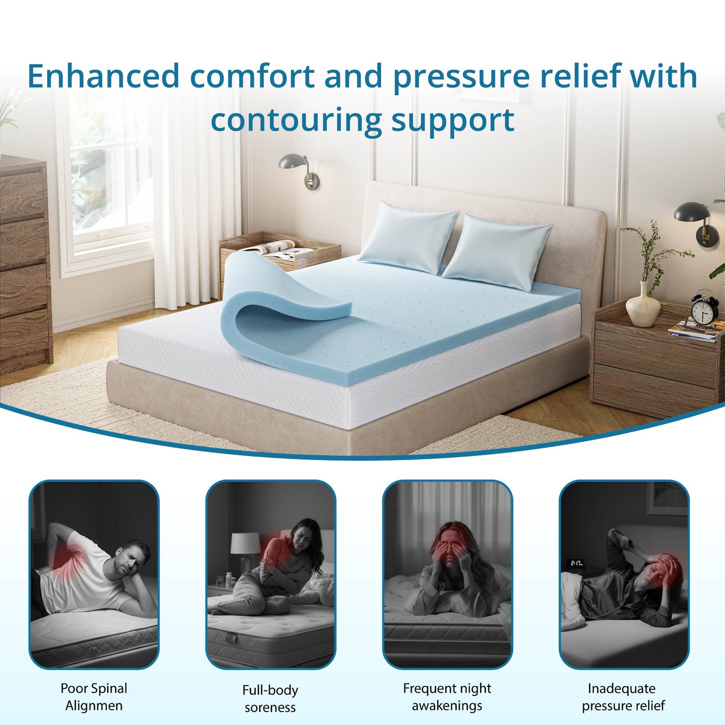 EGOHOME 4 Inch Full Size Memory Foam Mattress Topper, Gel Infused Memory Foam Pad, Cooling and Pressure Relieving, Medium, CertiPUR Certified, Blue