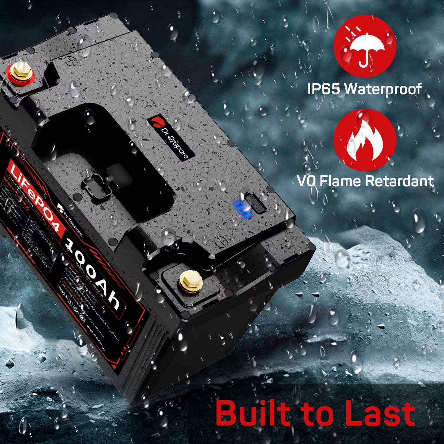 DR. PREPARE 12V 100Ah LiFePO4 Deep Cycle Battery, Lithium Iron Phosphate Battery, Built-in 100A BMS, Low Temp Protection, IP65 Waterproof