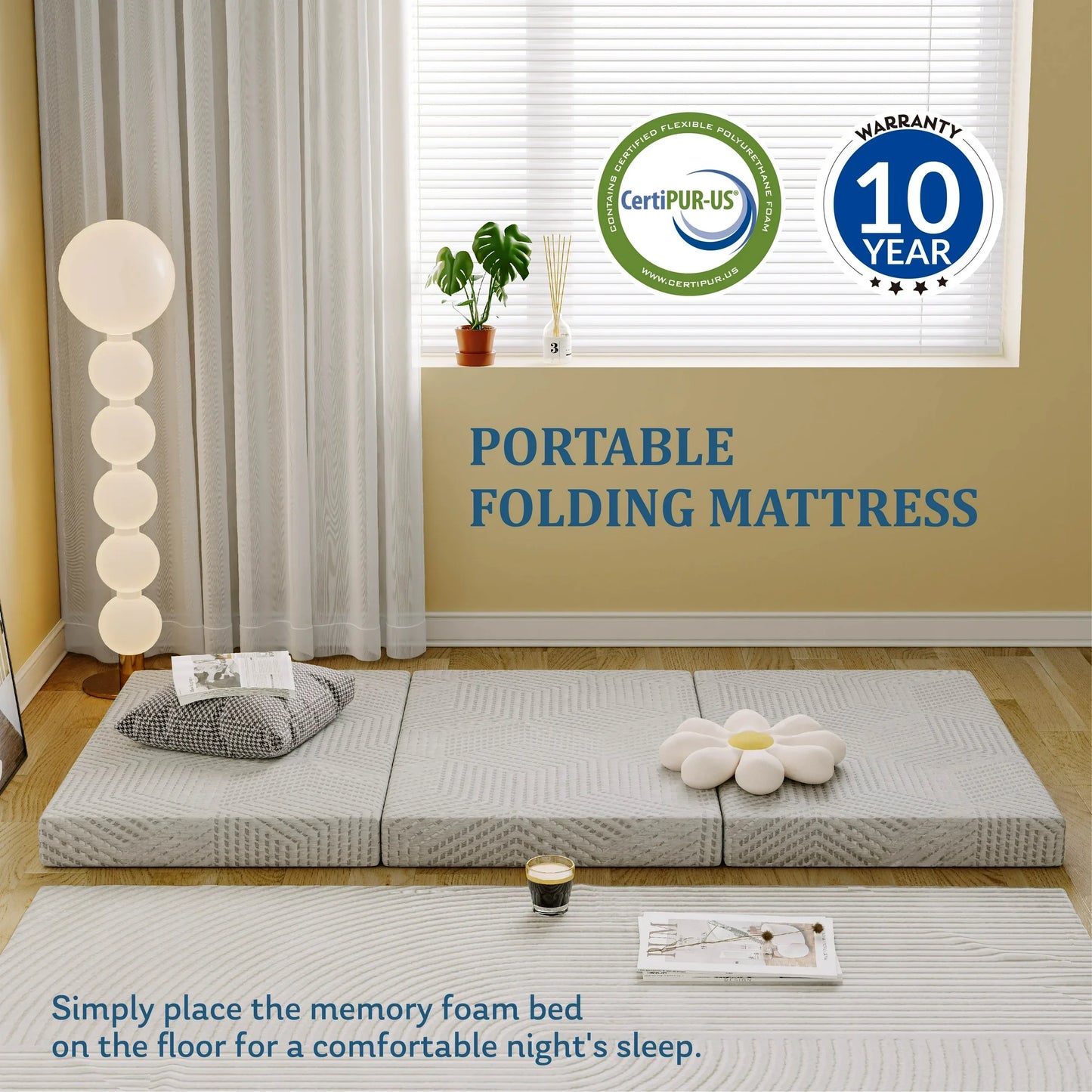 EGOHOME 4 inch Tri Folding Memory Foam Mattress, Portable Guest Bed, Twin XL Size