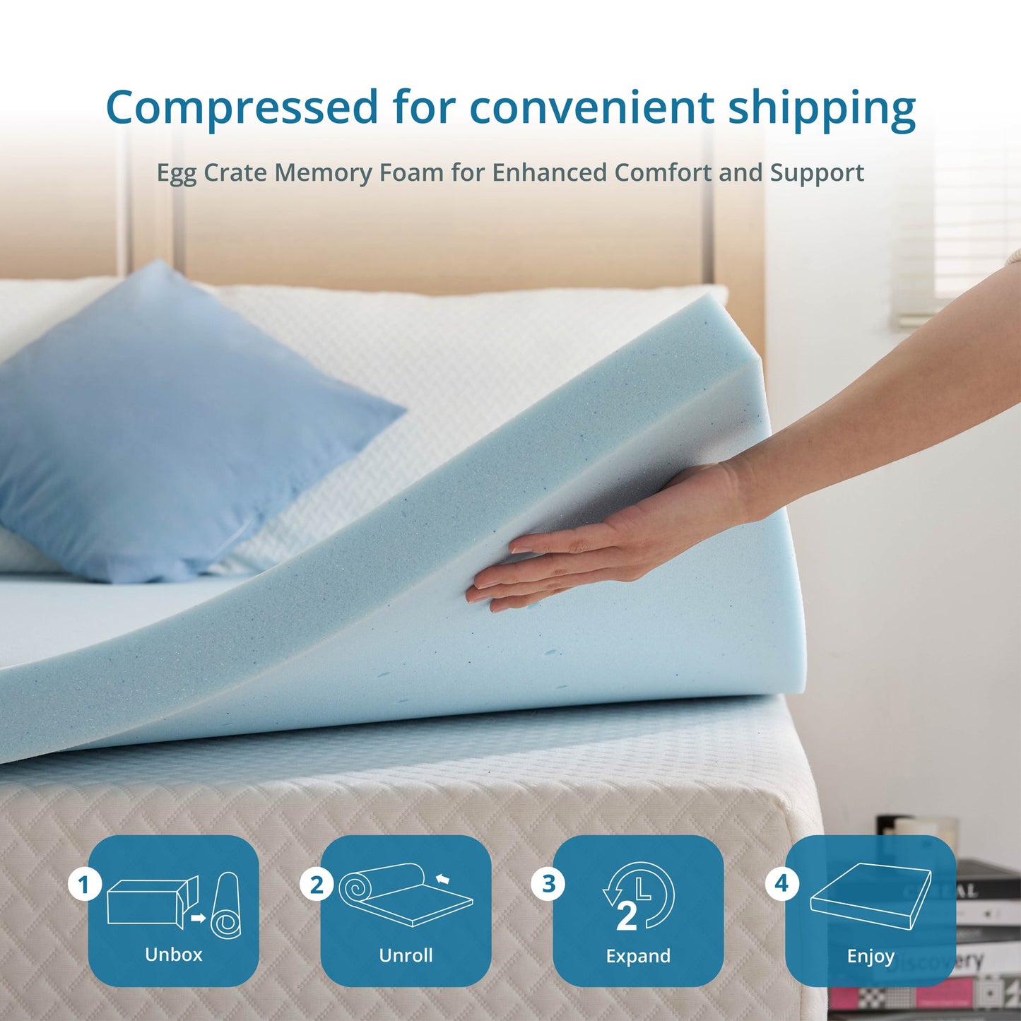 EGOHOME 4 Inch Full Size Memory Foam Mattress Topper, Gel Infused Memory Foam Pad, Cooling and Pressure Relieving, Medium, CertiPUR Certified, Blue