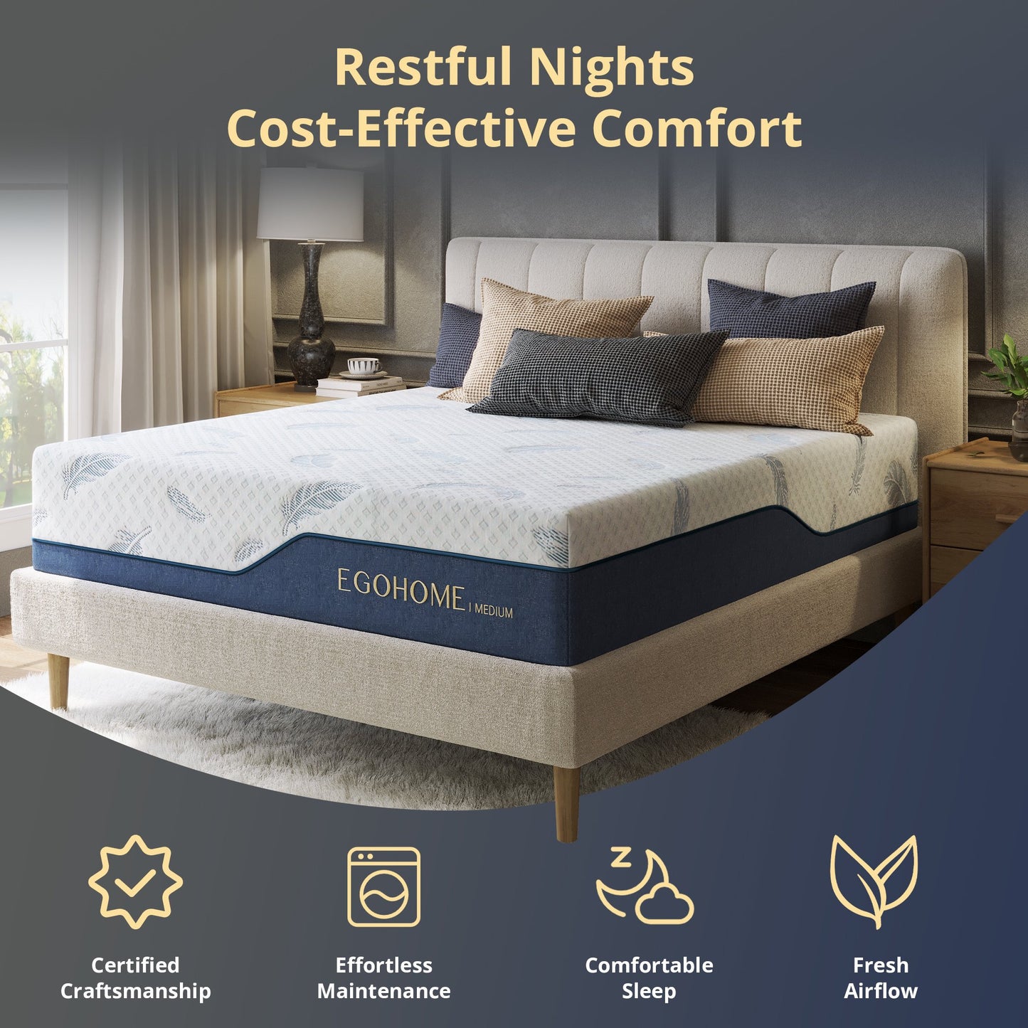EGOHOME Blue 10 inch Queen Mattress with Cooling Gel Memory Foam, Mattress in a Box, Fiberglass Free for Pressure Relief and Motion Isolation, Medium Firm