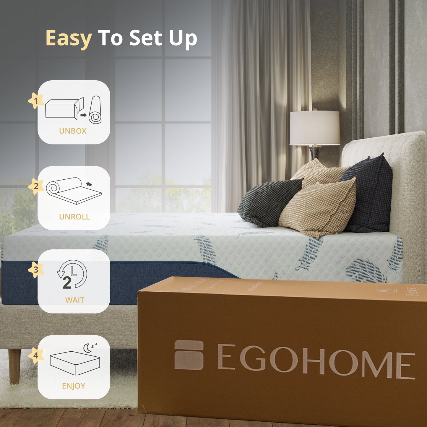 EGOHOME Blue 10 inch Queen Mattress with Cooling Gel Memory Foam, Mattress in a Box, Fiberglass Free for Pressure Relief and Motion Isolation, Medium Firm
