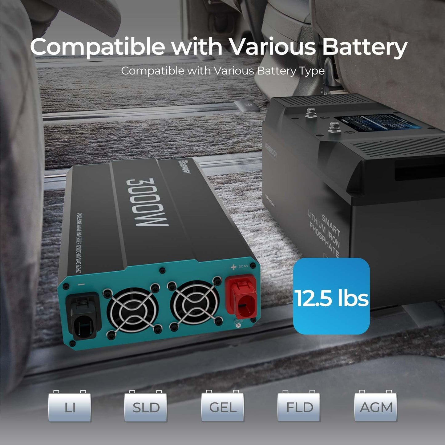 Renogy 3000W Pure Sine Wave Inverter, DC 12V to AC 120V, Built-in 5V/2.1A USB, AC Hardwire Port, 16.4FT Remote Controller