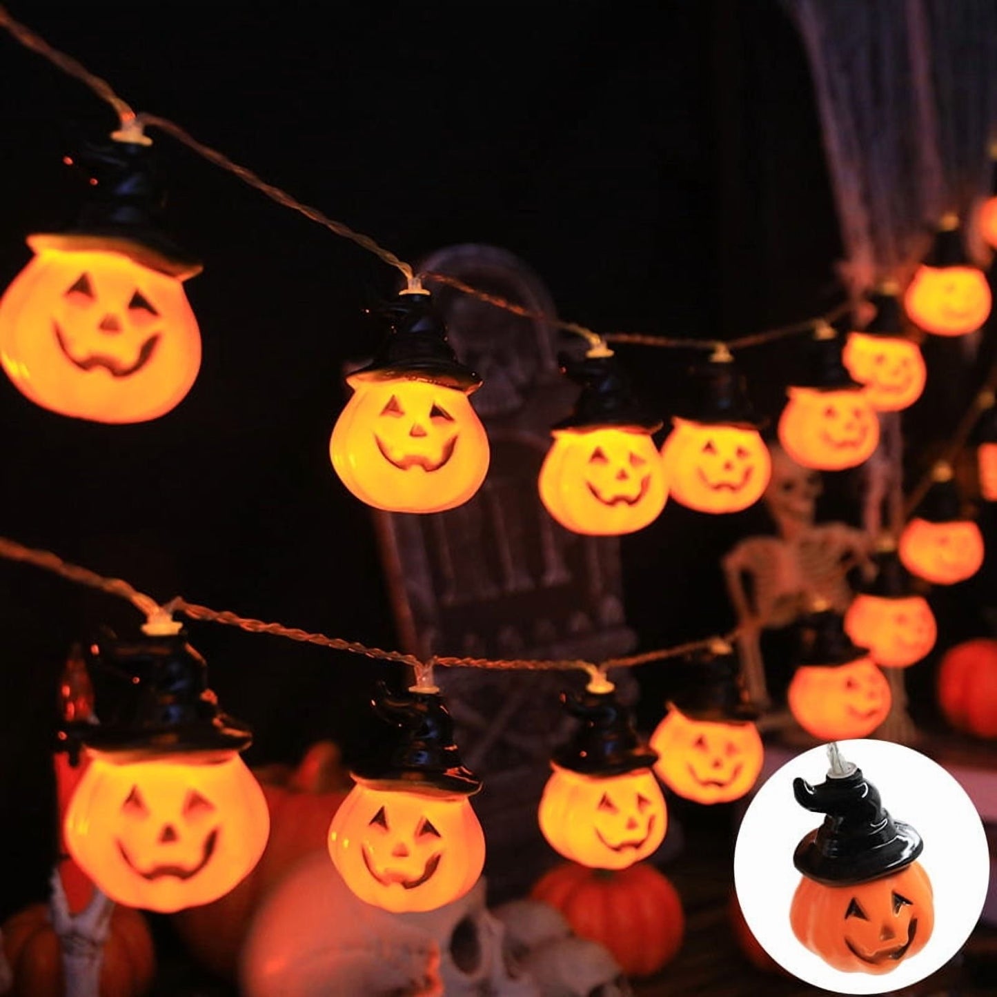 Halloween Pumpkin String Lights with Witch Hat, 20 LED 16.4FT 8 Modes Timer 3D Waterproof Orange Jack-O-Lantern Battery Operated Flickering Lights for Indoor Outdoor Decor Party Decorations