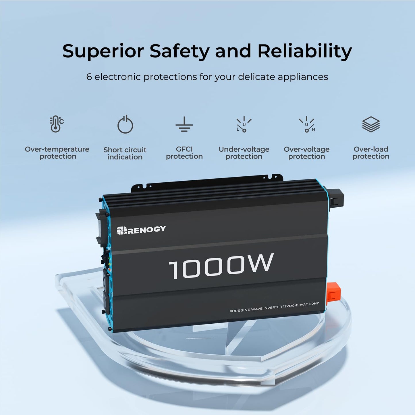 Renogy Pure Sine Wave Inverter 1000W, DC 12V to AC 120V, Built-in 5V/2.1A USB Port, Hardwire Port, 16.4FT Remote Controller