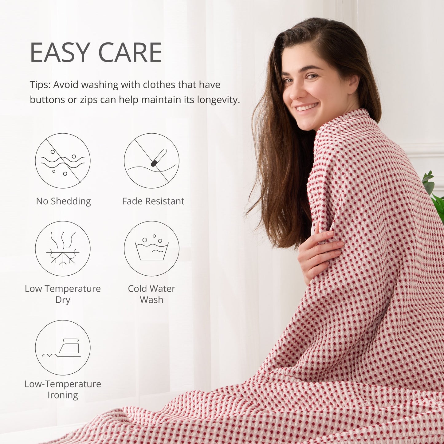 EGOHOME Waffle Blanket-100% Cotton Lightweight Oversize Yarn Dyed Bed Blanket for All Seasons, Tibetan Red Throw