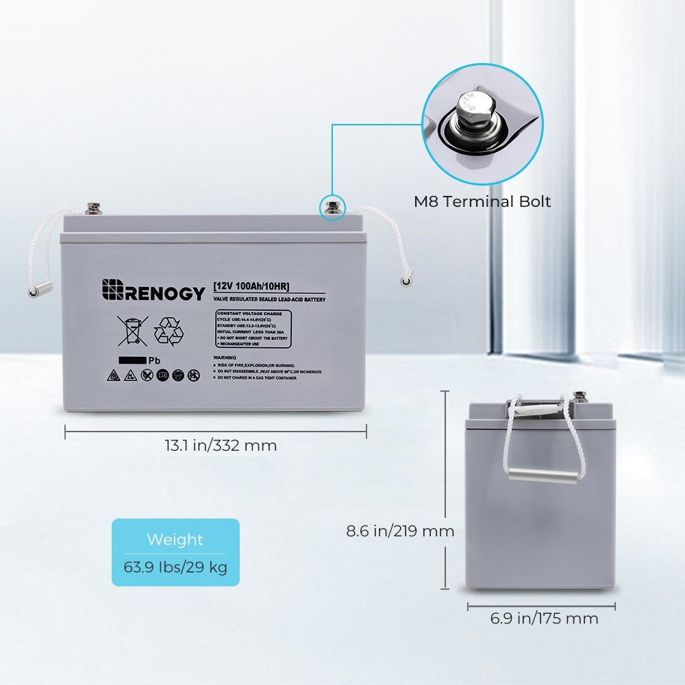 Renogy 100Ah Deep Cycle AGM Battery 12 Volt, 1100A Max Discharge Current, Safe Charge Appliances or RVs, Marine, Solar, Off-Grid