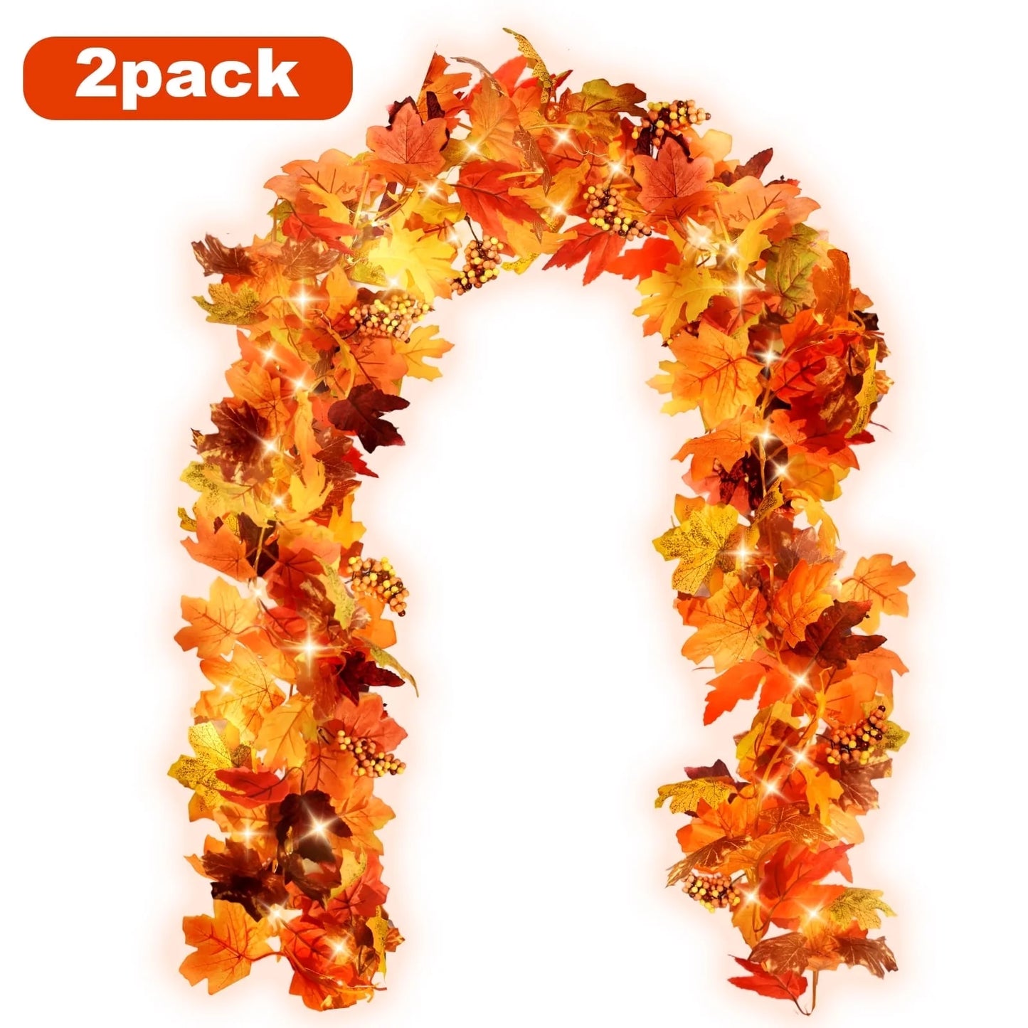 simeccom 2 Pack Fall Garland Maple Leaf with LED String Light, 5.9Ft Hanging Vine Garland Artificial Autumn Maple Foliage Garland Thanksgiving Decor for Home Fireplace Party